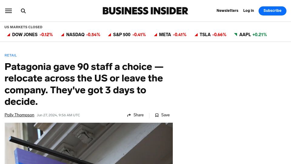 Screenshot of businessinsider.com: Patagonia gave its staff 3 days to decide to relocate or quit