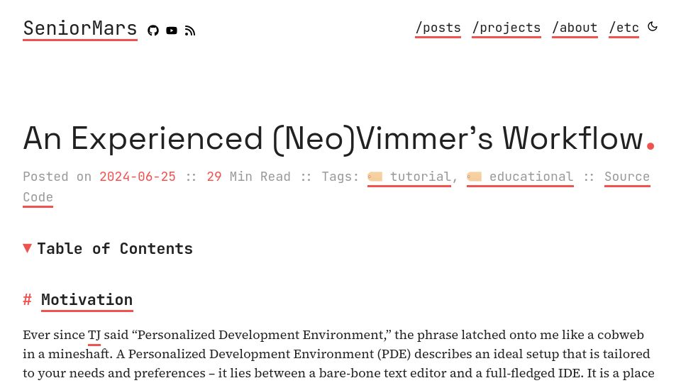 Screenshot of seniormars.com: My (Neo)Vim workflow