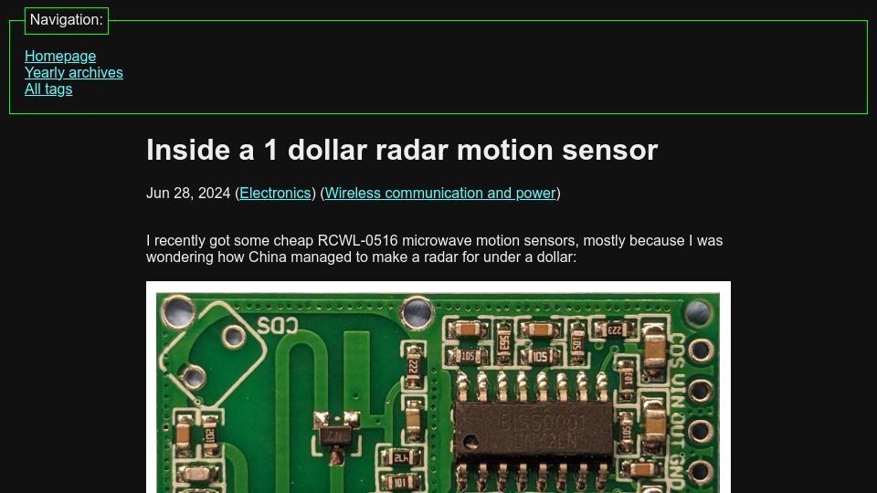 Screenshot of 10maurycy10.github.io: Inside a $1 radar motion sensor