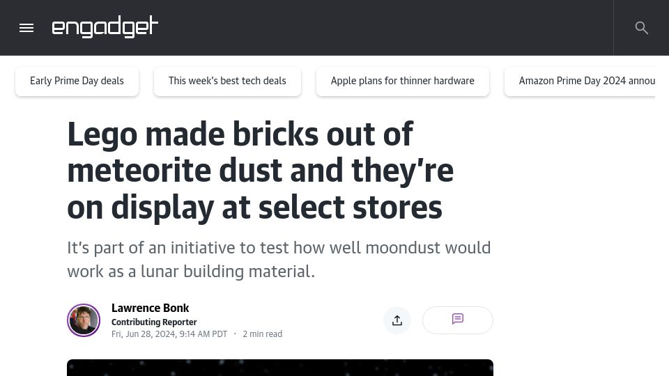 Screenshot of engadget.com: Lego made bricks out of meteorite dust and they're on display at select stores