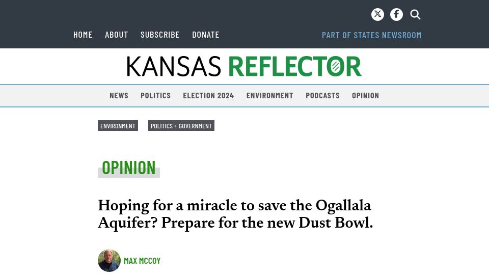 Screenshot of kansasreflector.com: The depletion of the Ogallala Aquifer in Western Kansas