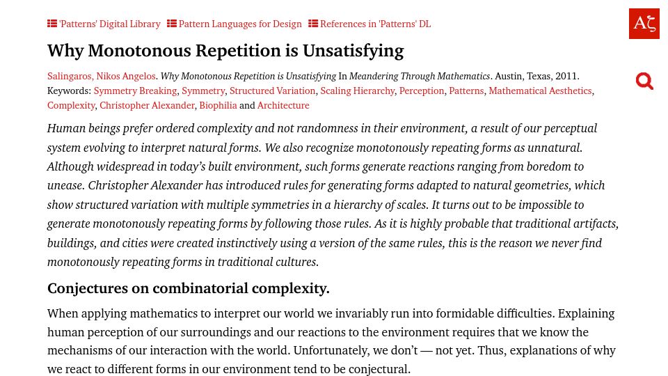 Screenshot of patterns.architexturez.net: Why monotonous repetition is unsatisfying