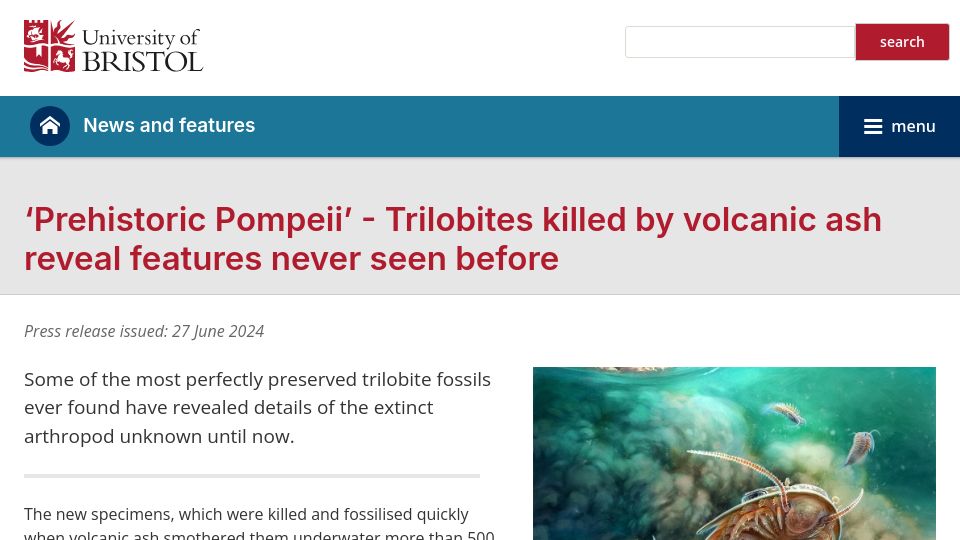 Screenshot of bristol.ac.uk: Trilobites killed by volcanic ash