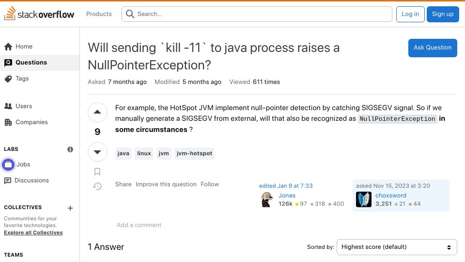 Screenshot of stackoverflow.com: Will sending `kill -11` to Java process raises a NullPointerException?