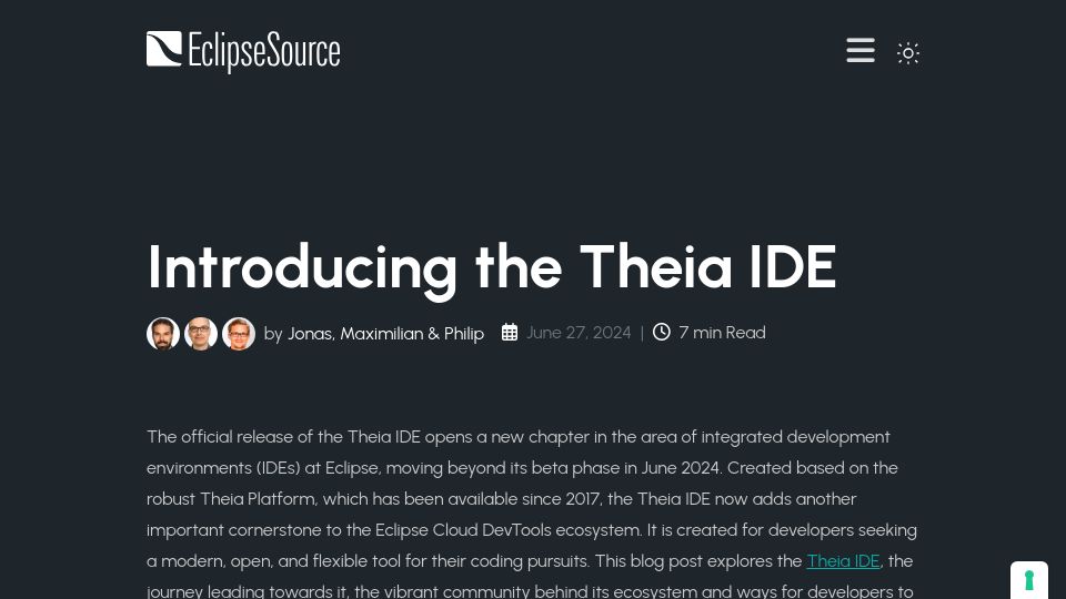 Screenshot of eclipsesource.com: Introducing the Theia IDE