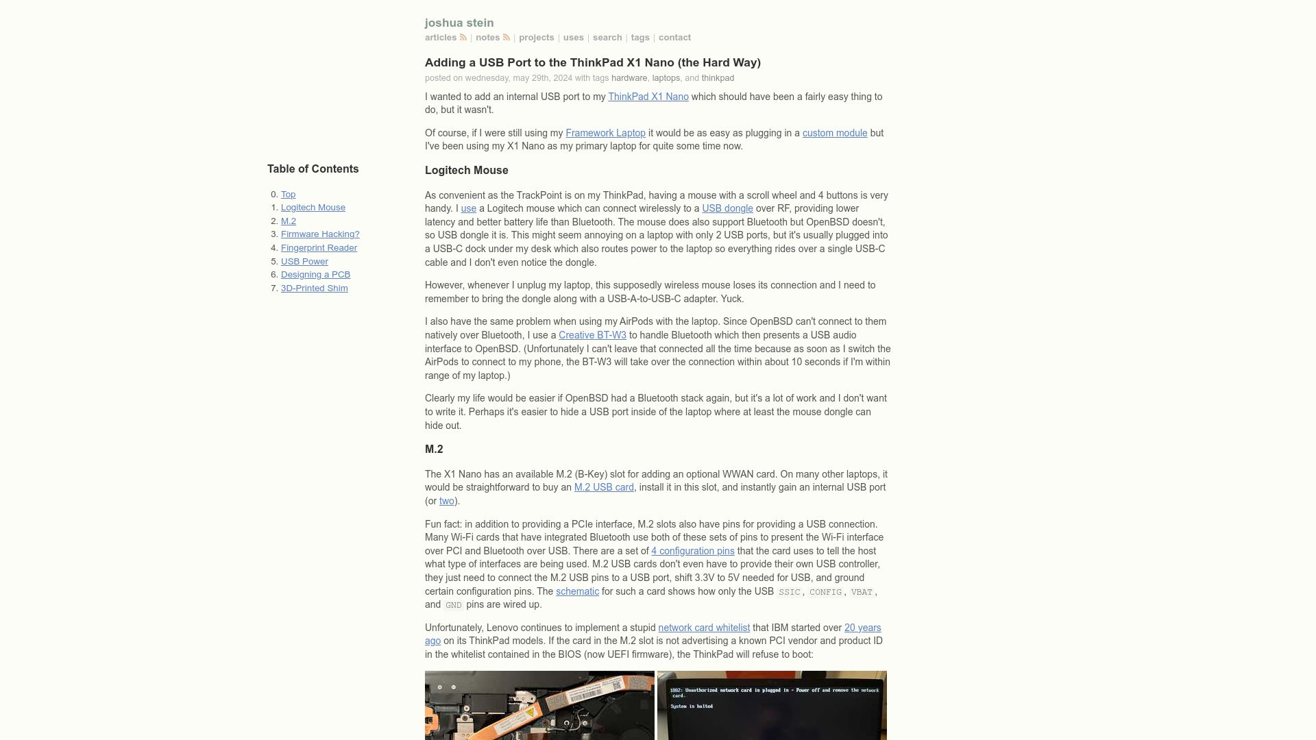 Screenshot of jcs.org: Adding a USB port to the ThinkPad X1 Nano (the hard way)