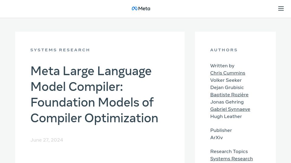 Screenshot of ai.meta.com: Meta Large Language Model Compiler