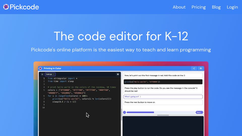 Screenshot of pickcode.io: Show HN: Pickcode – Free online code editor for kids