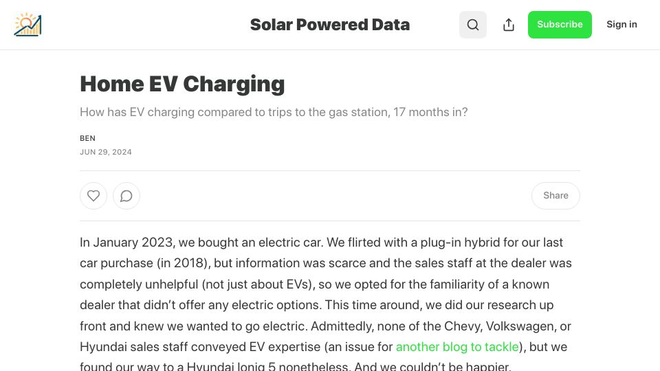 Screenshot of solarpowereddata.substack.com: Home EV charging saves –$2k over ~17 months