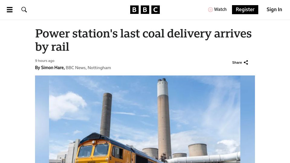 Screenshot of bbc.co.uk: Power station's last coal delivery arrives by rail