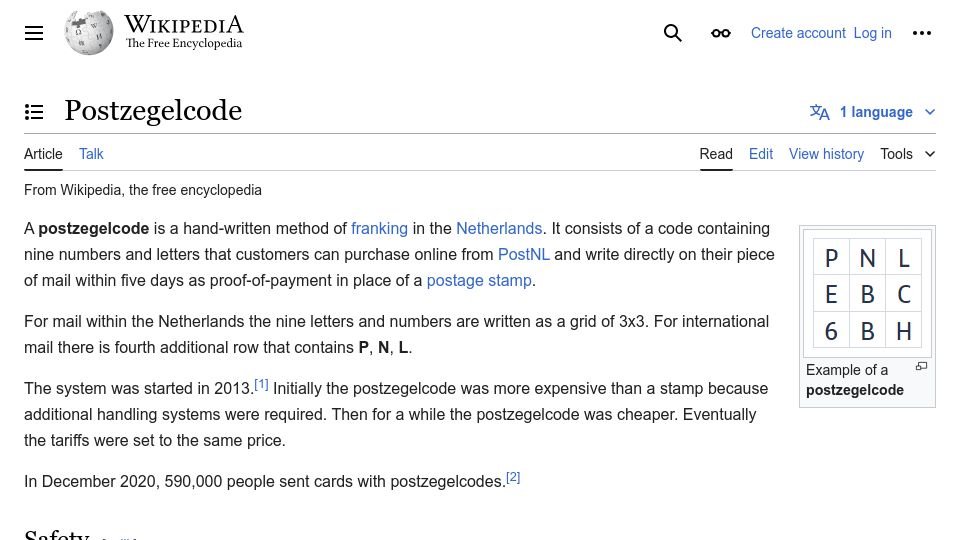 Screenshot of en.wikipedia.org: Postzegelcode