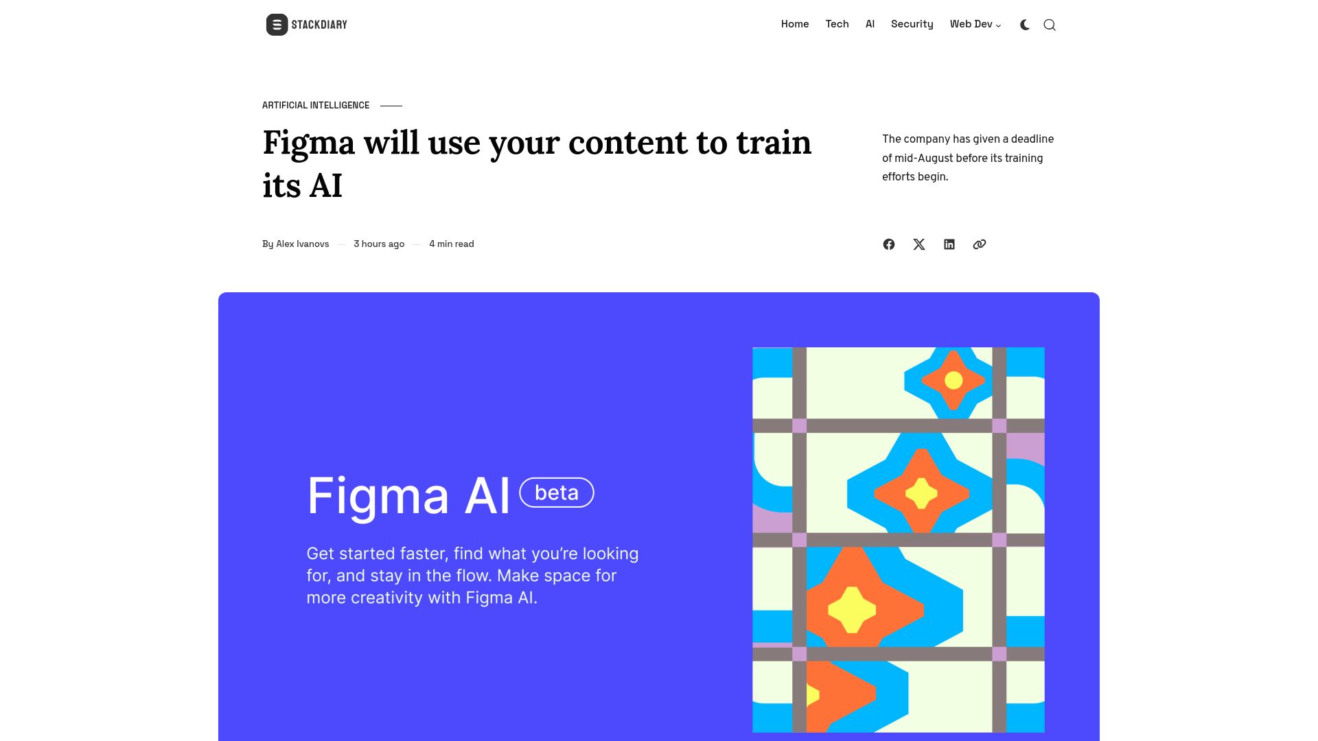 Screenshot of stackdiary.com: Figma will use your content to train its AI