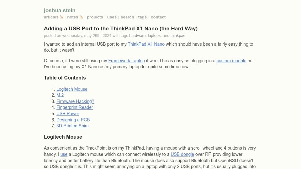 Screenshot of jcs.org: Adding a USB port to the ThinkPad X1 Nano (the hard way)
