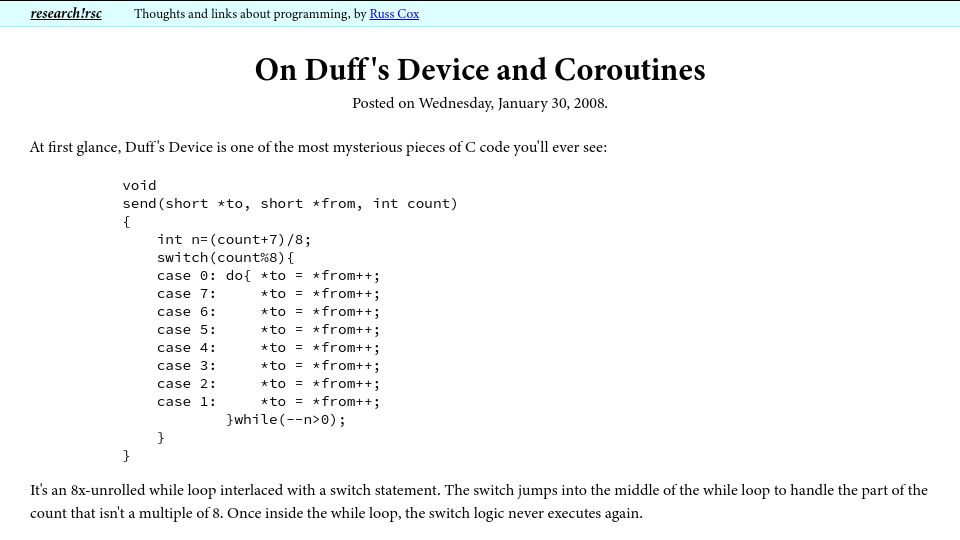 Screenshot of research.swtch.com: Duff's Device and Coroutines (2008)