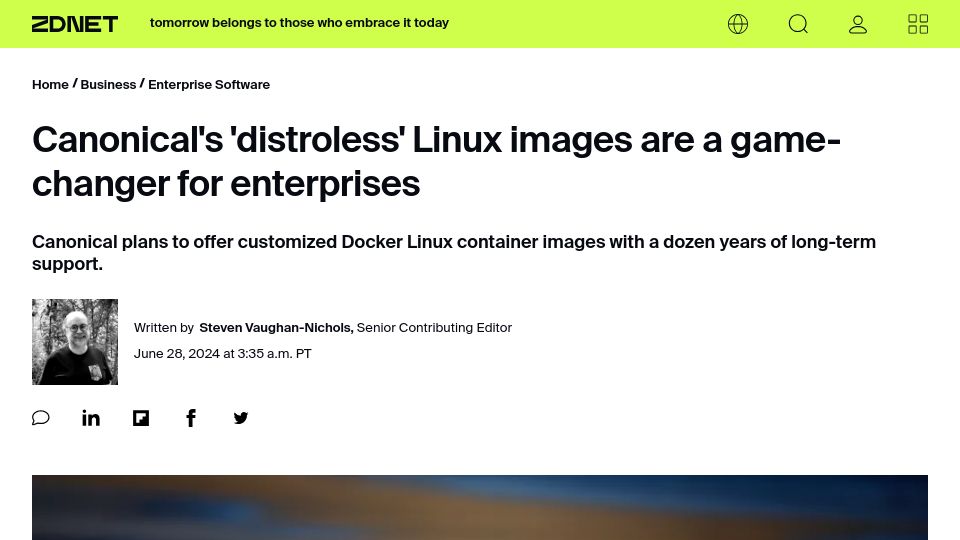 Screenshot of zdnet.com: Canonical's 'distroless' Linux images are a game-changer for enterprises