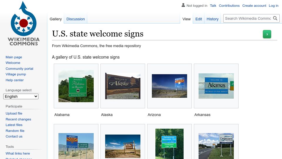 Screenshot of commons.wikimedia.org: 50 Welcome Signs for 50 States