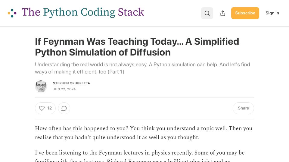 Screenshot of thepythoncodingstack.com: A simplified Python simulation of diffusion