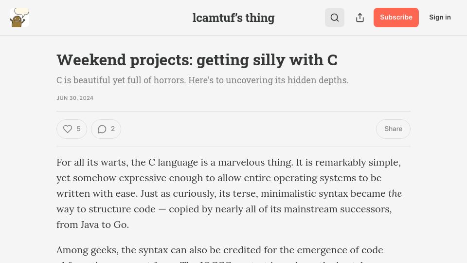 Screenshot of lcamtuf.substack.com: Weekend projects: getting silly with C