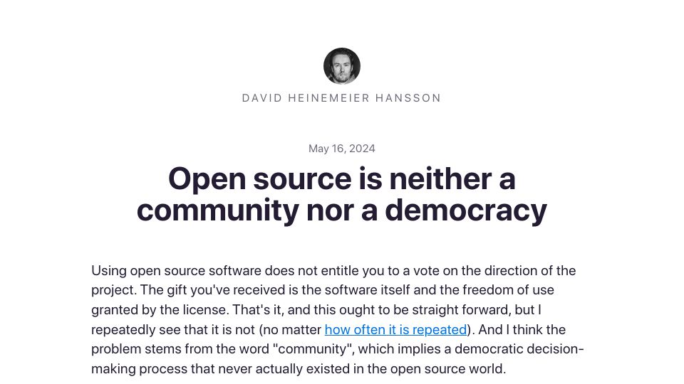 Screenshot of world.hey.com: Open source is neither a community nor a democracy