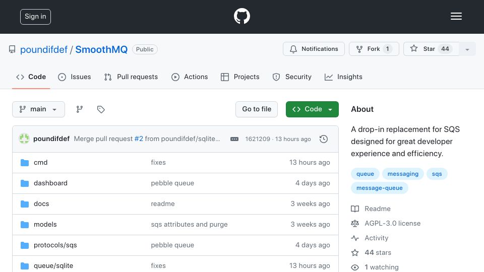 Screenshot of github.com: Show HN: Drop-in SQS replacement based on SQLite