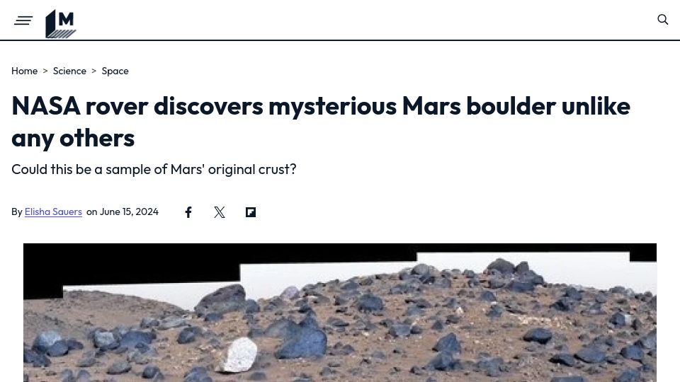 Screenshot of mashable.com: NASA rover discovers mysterious Mars boulder unlike any others