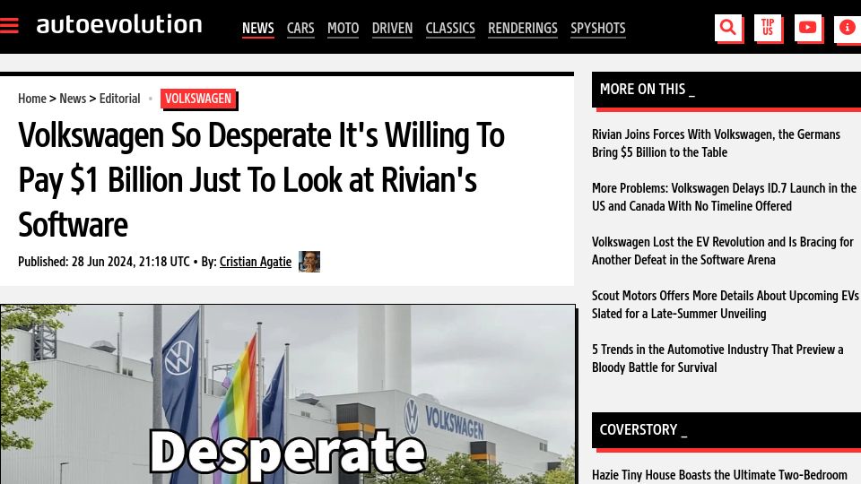 Screenshot of autoevolution.com: Volkswagen Willing to Pay $1B Just to Look at Rivian's Software