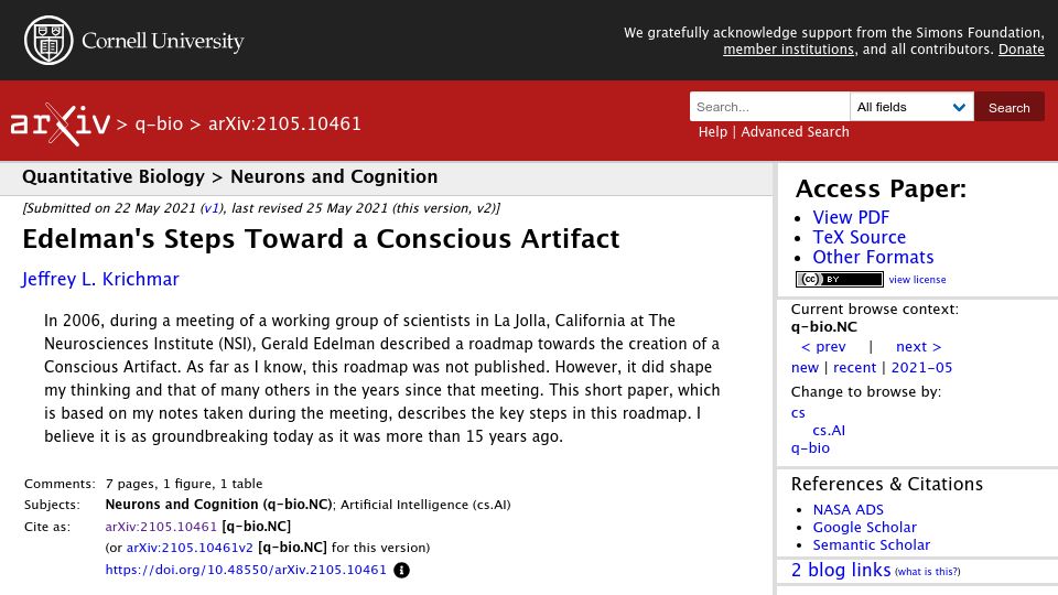 Screenshot of arxiv.org: Edelman's Steps Toward a Conscious Artifact (2021)