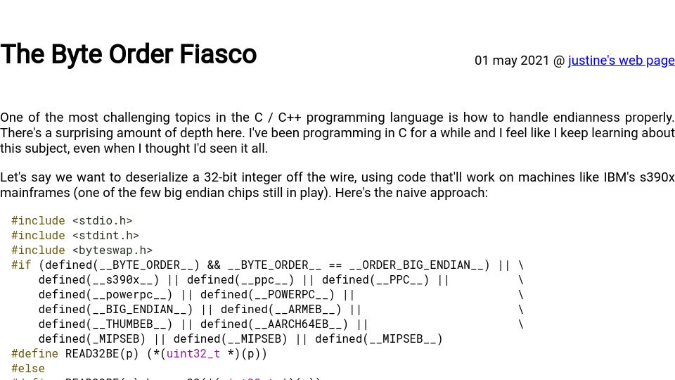Screenshot of justine.lol: The Byte Order Fiasco (2021)