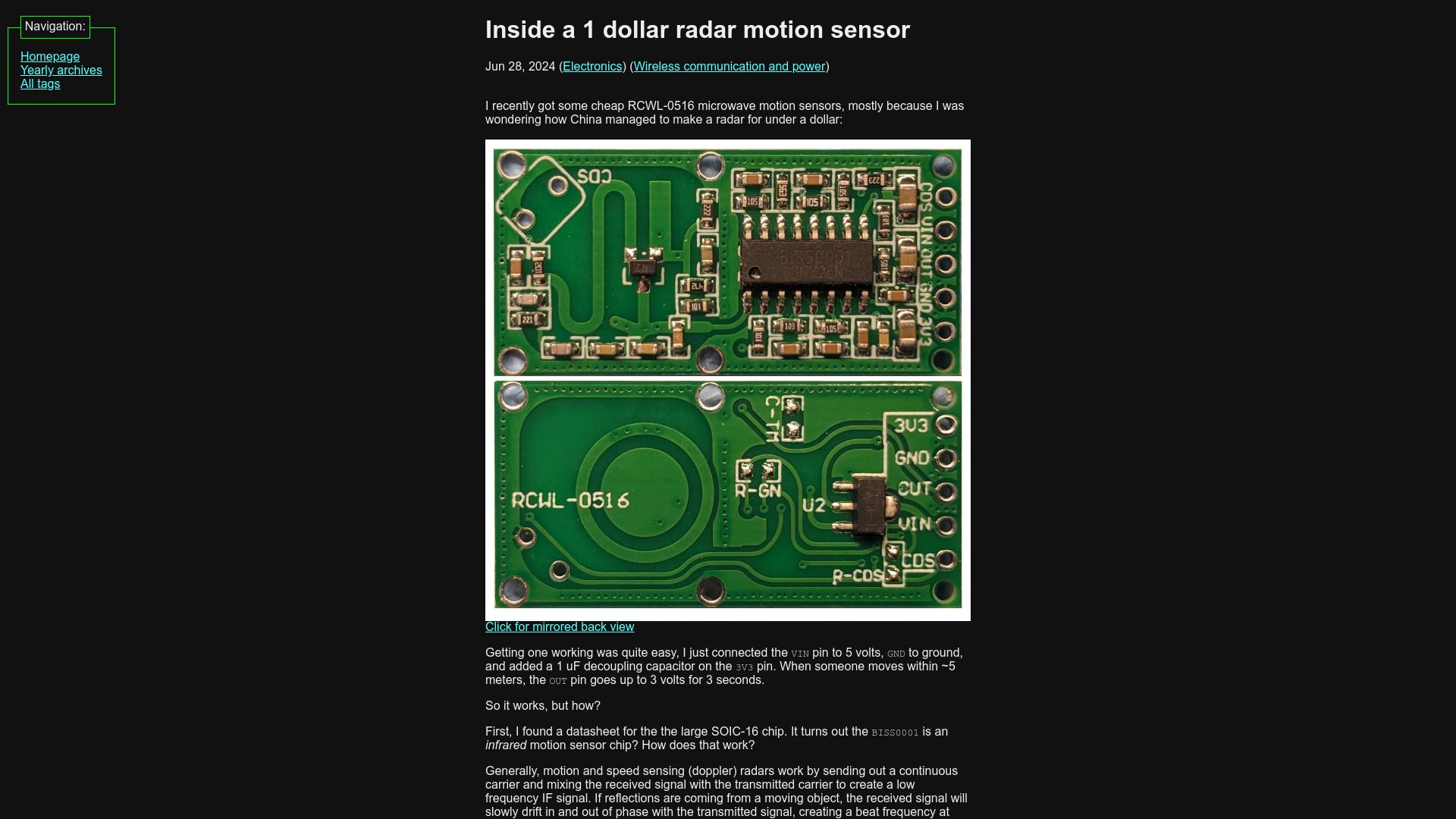 Screenshot of 10maurycy10.github.io: Inside a $1 radar motion sensor
