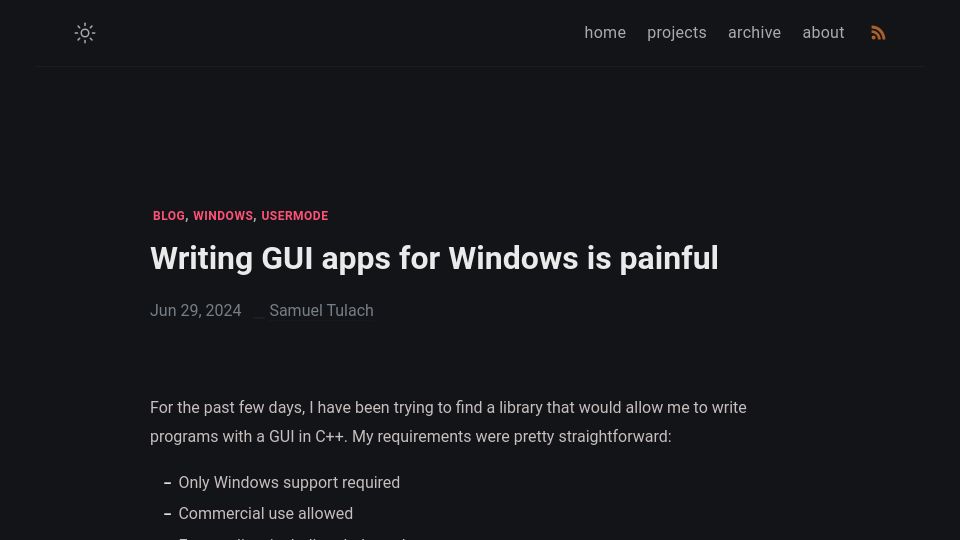 Screenshot of tulach.cc: Writing GUI apps for Windows is painful