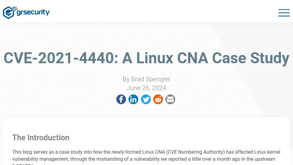 Screenshot of grsecurity.net: CVE-2021-4440: A Linux CNA Case Study