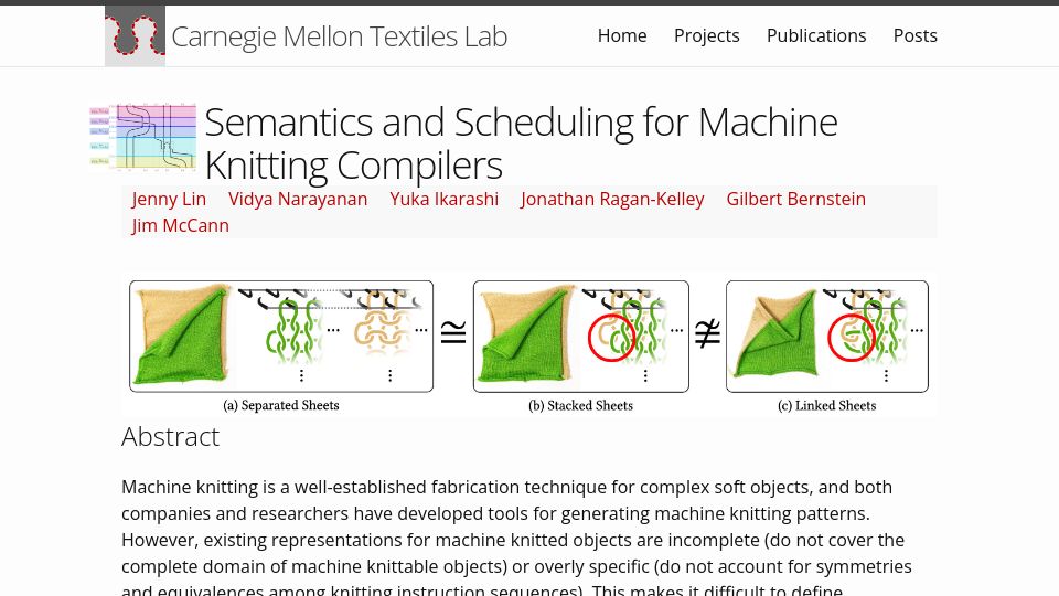Screenshot of textiles-lab.github.io: Semantics and scheduling for machine knitting compilers (2023)