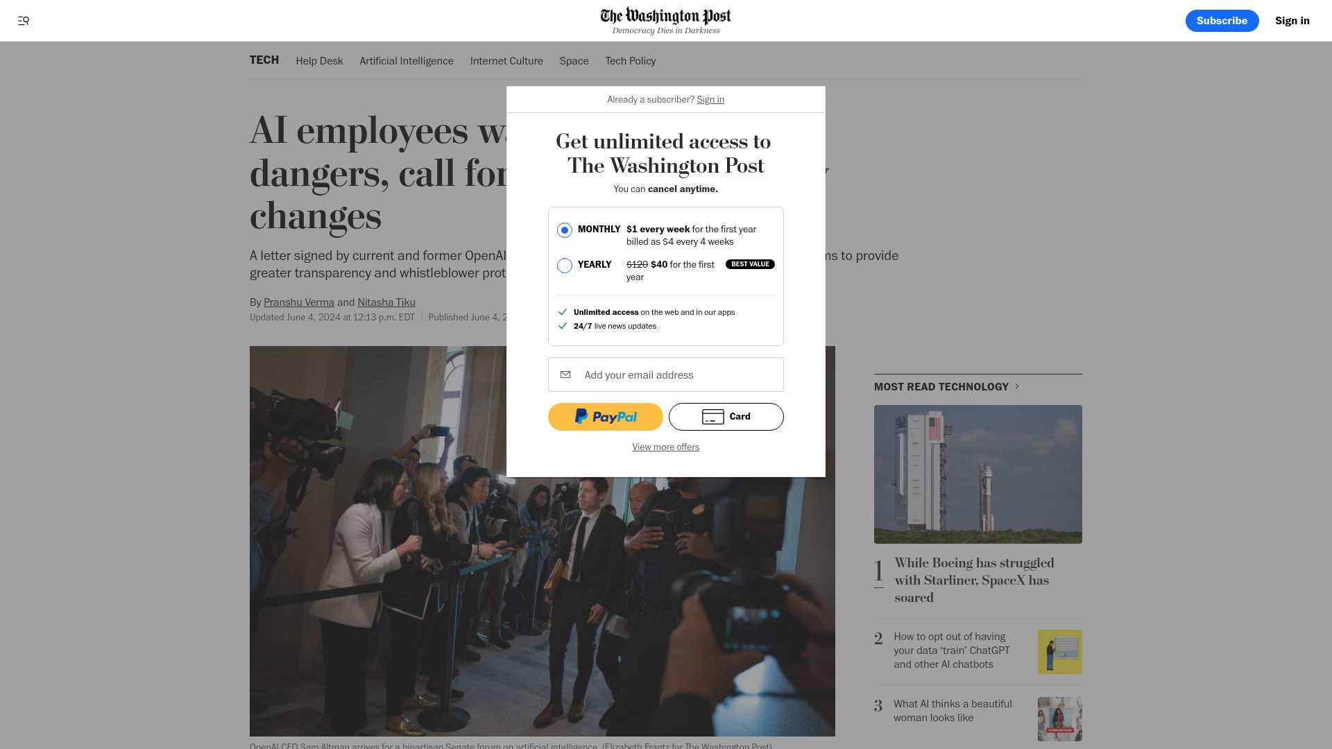 Screenshot of washingtonpost.com: Current and former AI employees warn of the technology's dangers