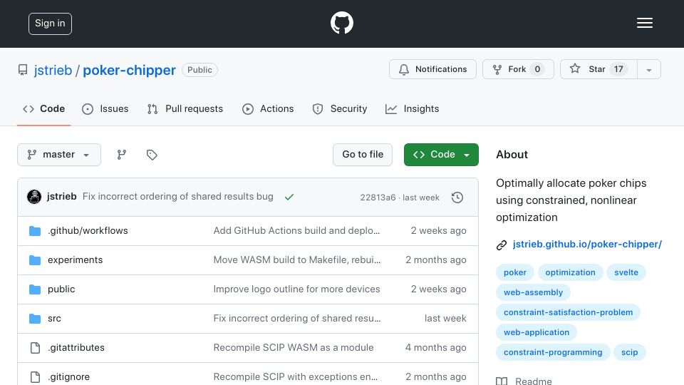 Screenshot of github.com: Show HN: Allocate poker chips optimally with mixed-integer nonlinear programming