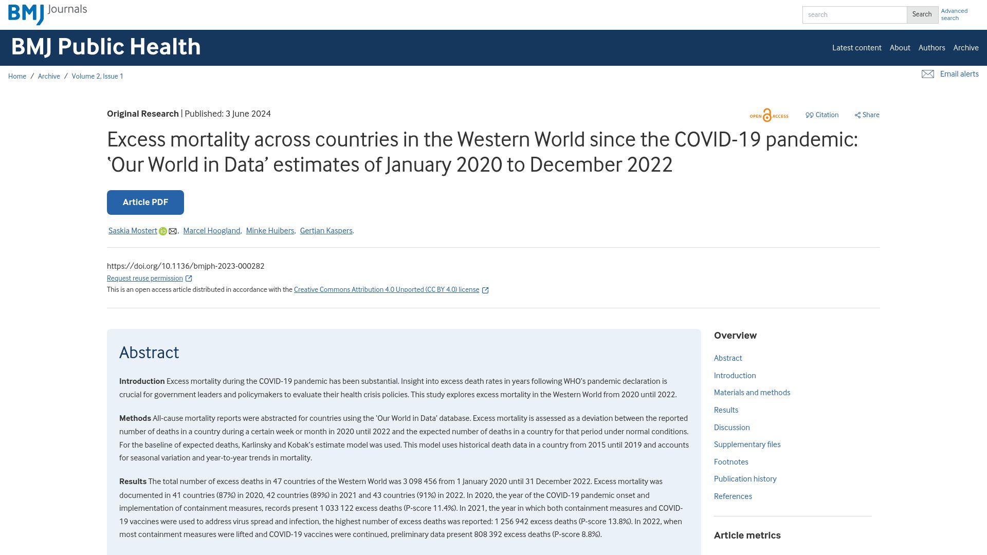 Screenshot of bmjpublichealth.bmj.com: Excess mortality across the Western World since the Covid pandemic