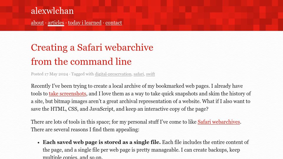 Screenshot of alexwlchan.net: Creating a Safari webarchive from the command line