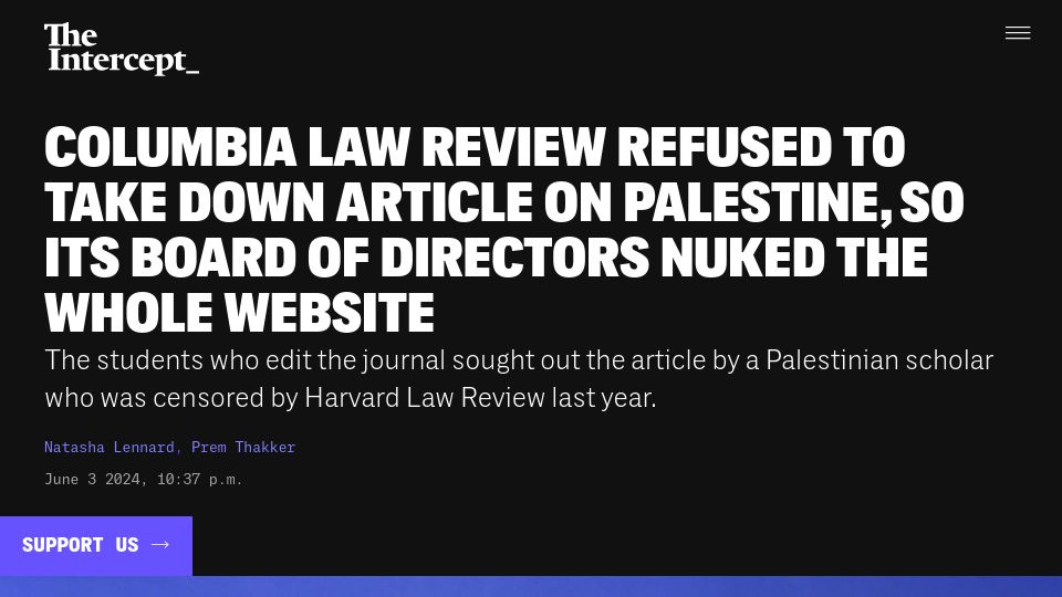 Screenshot of theintercept.com: Columbia Law Review Board Nukes Website over Palestine Article