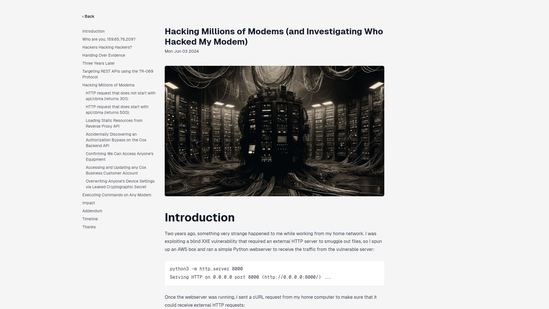 Screenshot of samcurry.net: Hacking millions of modems and investigating who hacked my modem