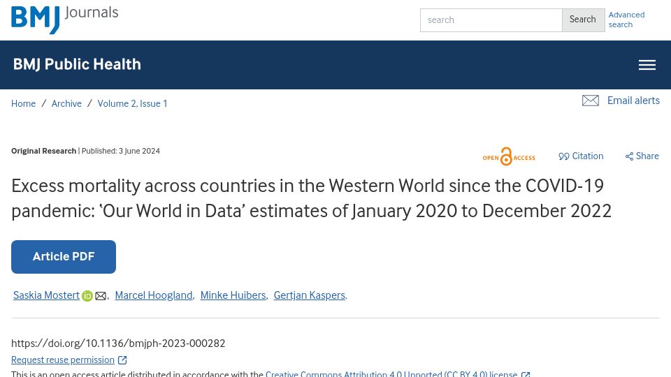 Screenshot of bmjpublichealth.bmj.com: Excess mortality across the Western World since the Covid pandemic