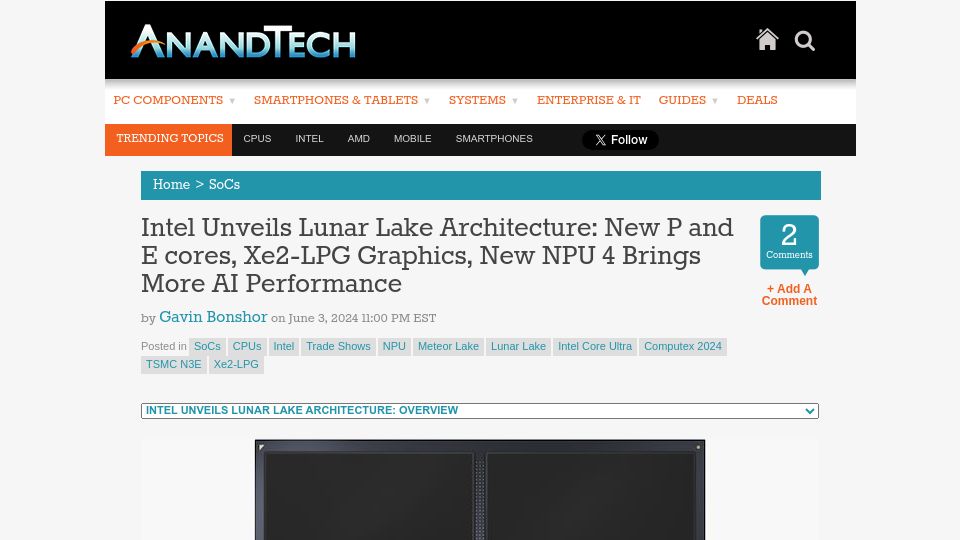 Screenshot of anandtech.com: Intel Unveils Lunar Lake Architecture
