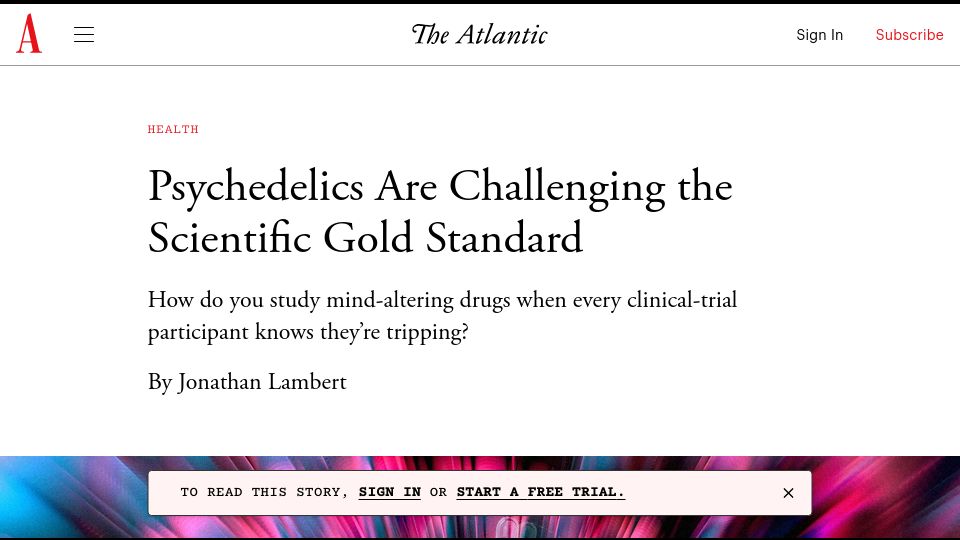 Screenshot of theatlantic.com: Psychedelics are challenging the standard of randomized controlled trials
