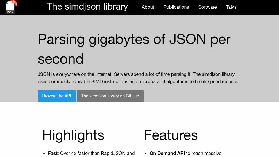 Screenshot of simdjson.org: The simdjson library