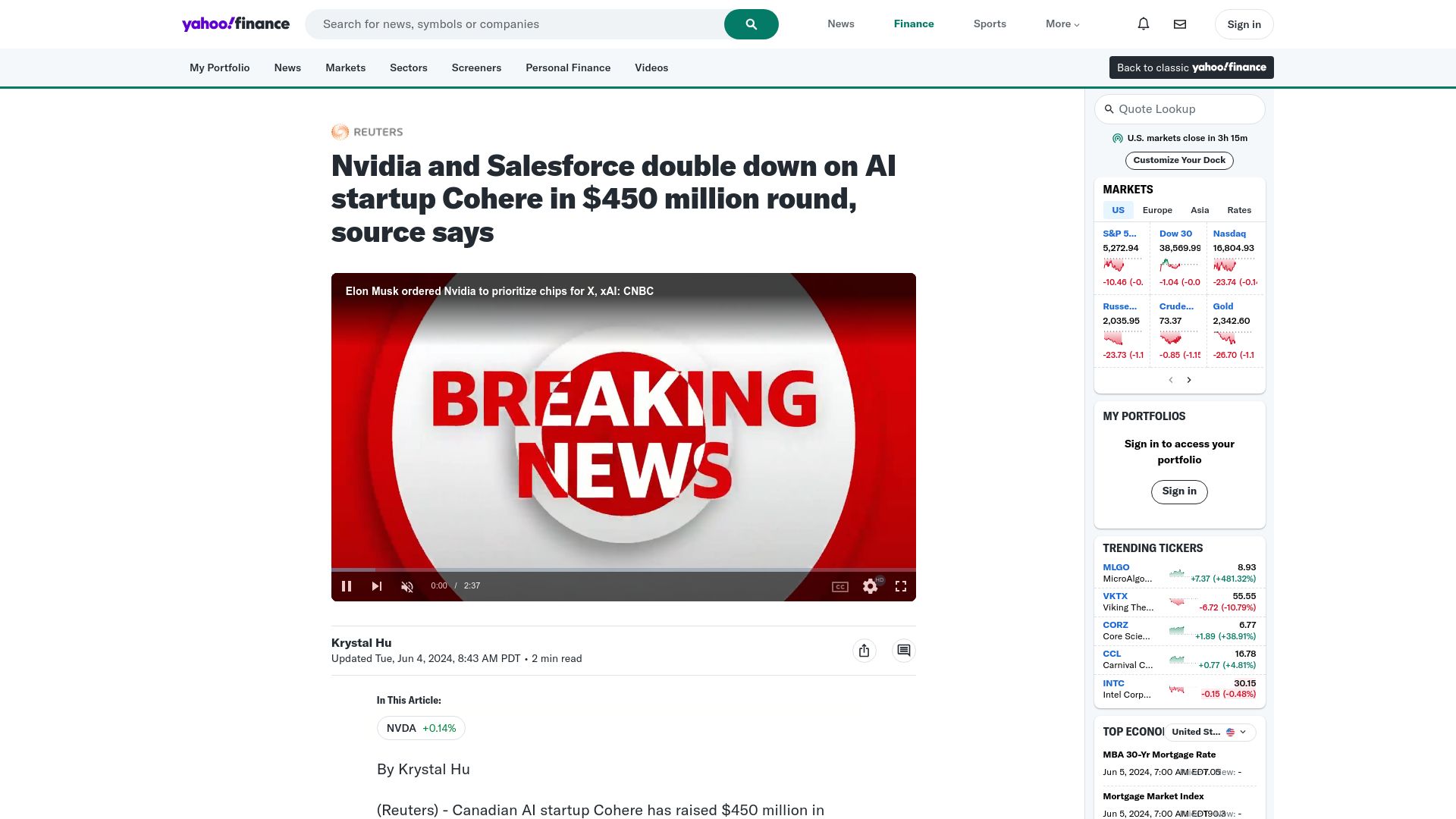 Screenshot of finance.yahoo.com: Nvidia and Salesforce double down on AI startup Cohere in $450M round