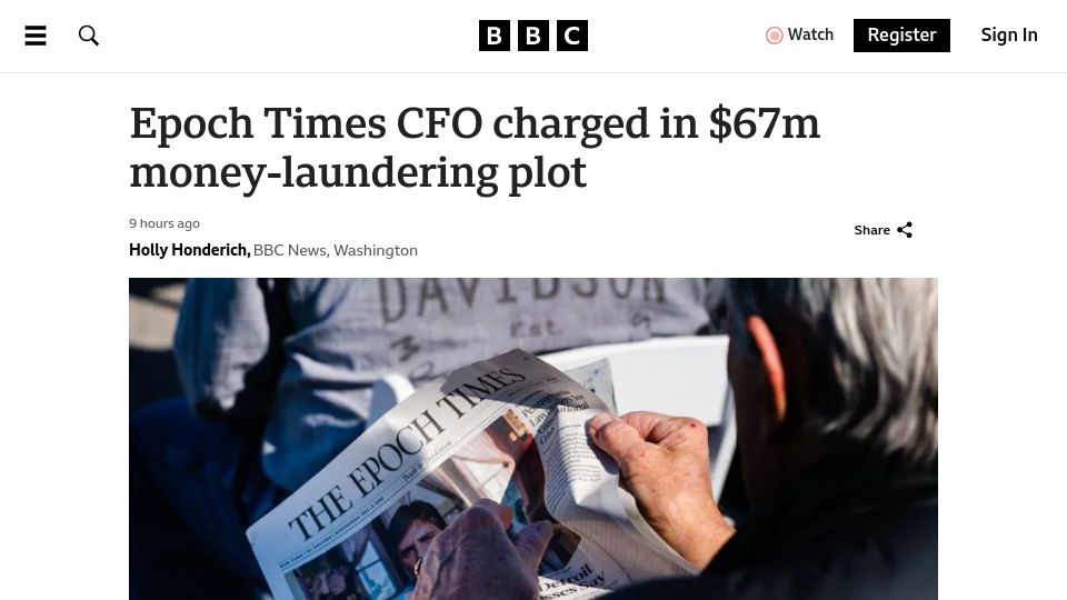 Screenshot of bbc.com: Epoch Times CFO charged in $67M crypto money laundering plot