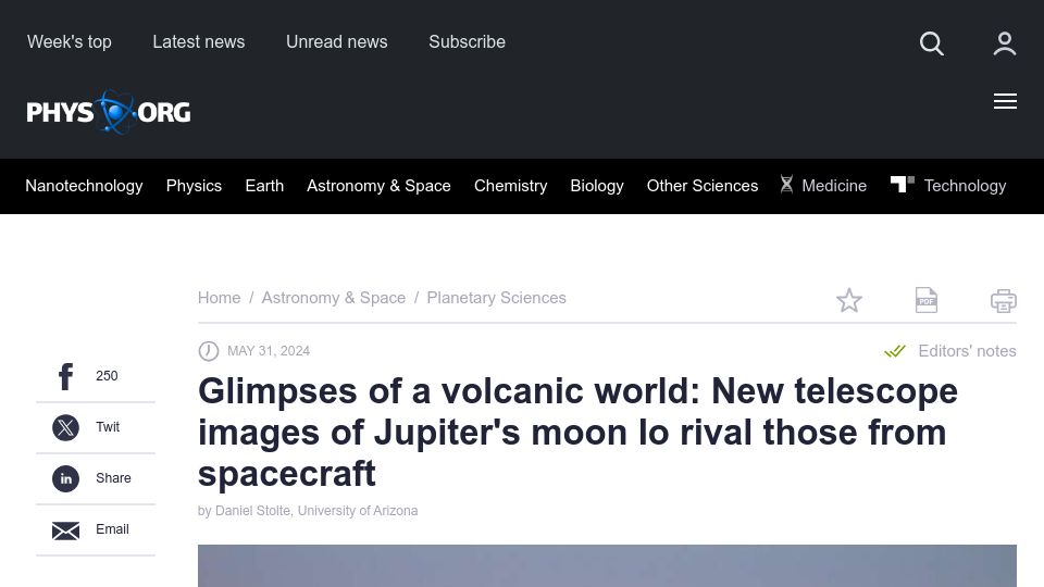 Screenshot of phys.org: New telescope images of Jupiter's moon Io rival those from spacecraft
