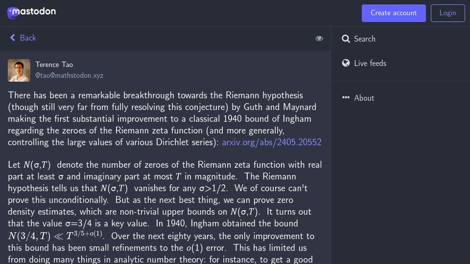 Screenshot of mathstodon.xyz: A breakthrough towards the Riemann hypothesis