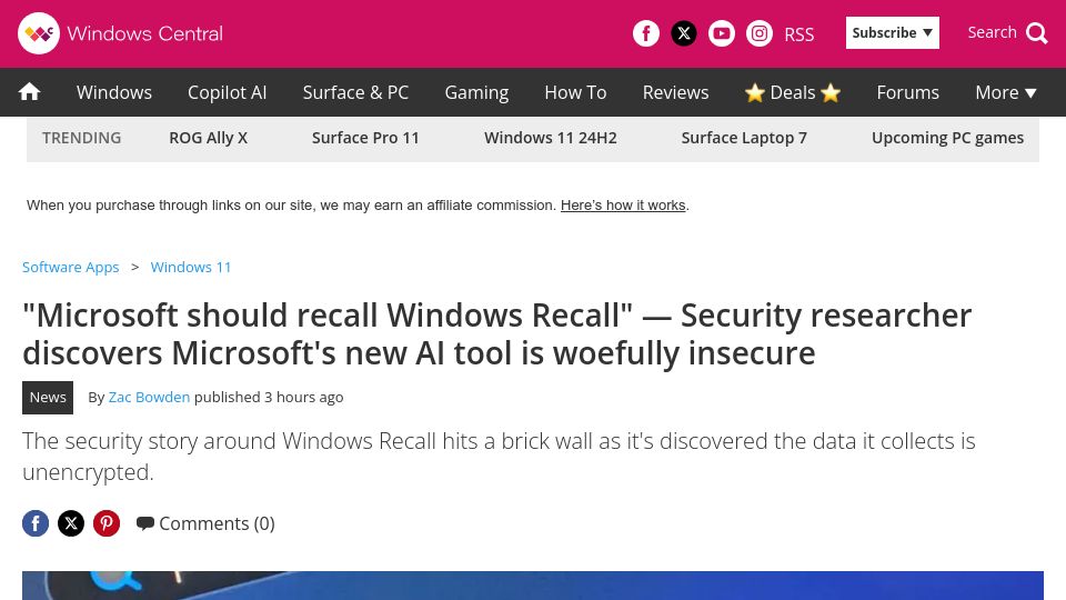 Screenshot of windowscentral.com: Security researcher discovers Microsoft's Recall tool is woefully insecure