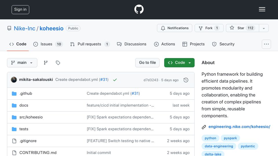Screenshot of github.com: Koheesio: Nike's Python-based framework to build advanced data-pipelines