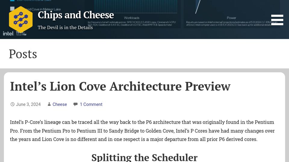 Screenshot of chipsandcheese.com: Intel's Lion Cove Architecture Preview