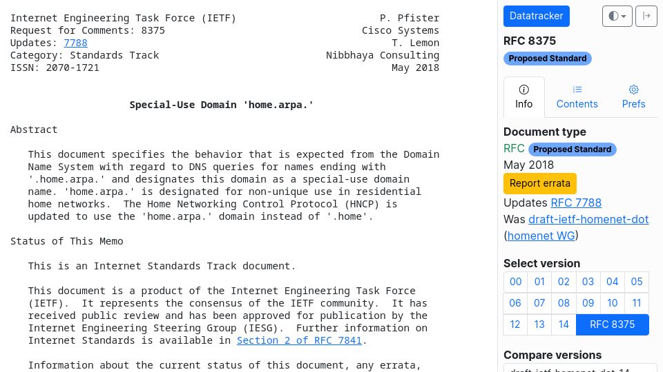 Screenshot of datatracker.ietf.org: Special-use domain 'home.arpa.' (2018)